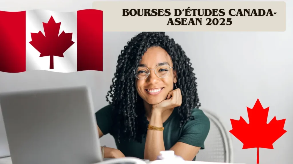 Groupe d’étudiants internationaux souriants dans une bibliothèque universitaire, représentant la bourse Canada-ASEAN 2025 et l'échange académique au Canada.